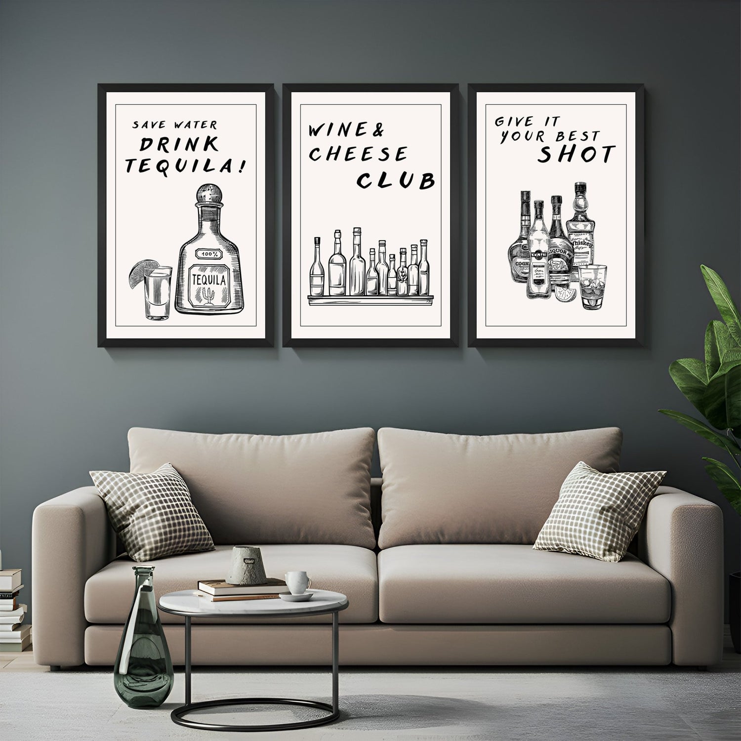 Canvas print trio with hand-drawn style featuring fun drinking quotes – ideal for kitchens, bars, and entertaining decor