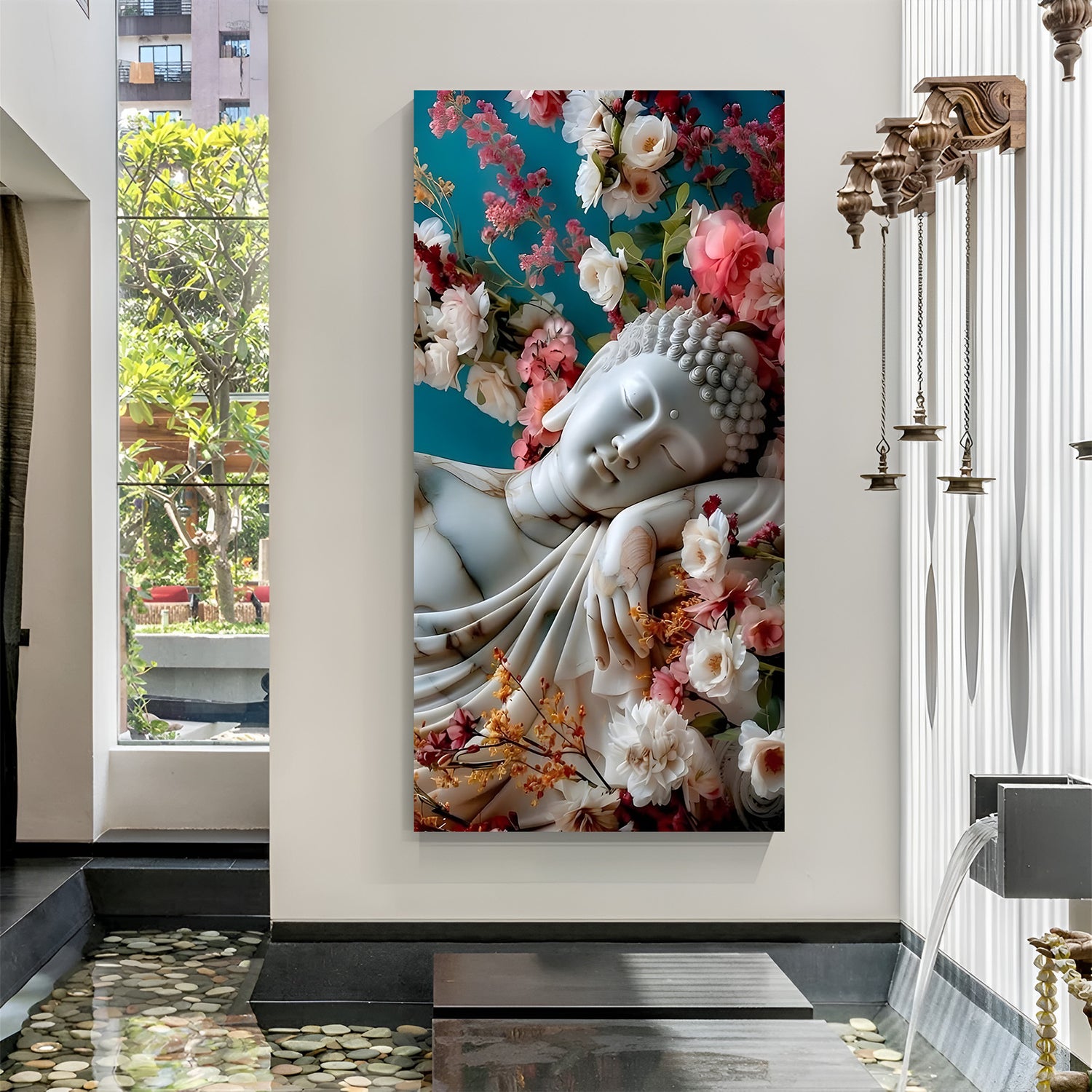 Sleeping Buddha Floral canvas painting with peaceful spiritual artwork in canvas wrapped frame