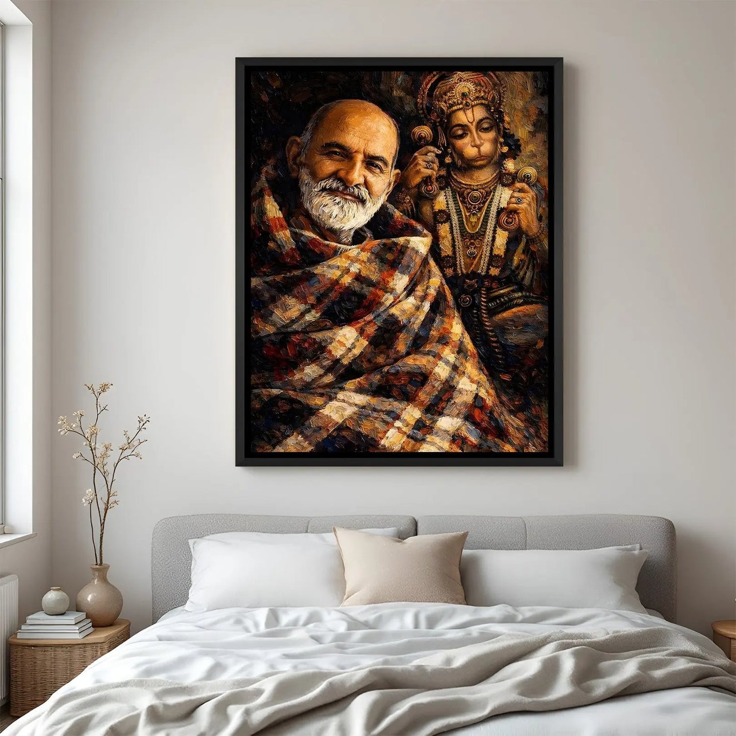Neem Karoli Baba devotional artwork with Hanuman Ji backdrop in elegant black floater frame