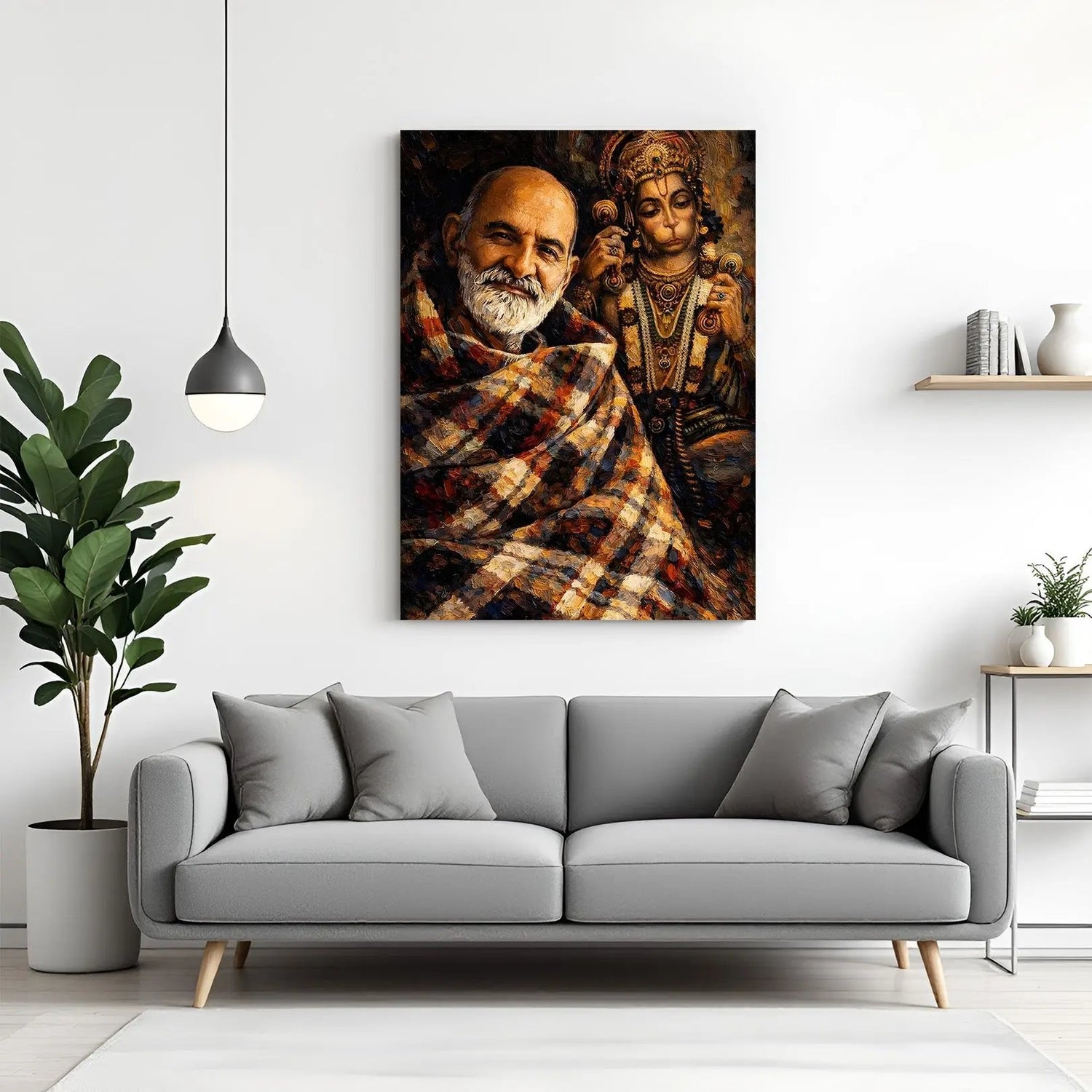 Neem Karoli Baba smiling with Lord Hanuman in the background in premium canvas wrapped frame