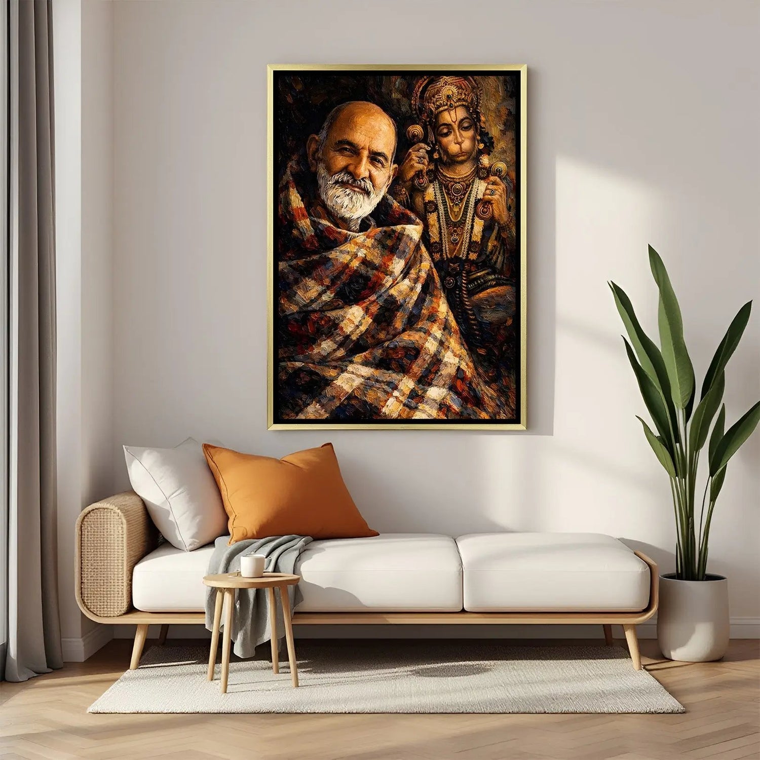 Smiles of Grace Neem Karoli Baba artwork in luxury golden floater frame featuring Hanuman Ji in the background