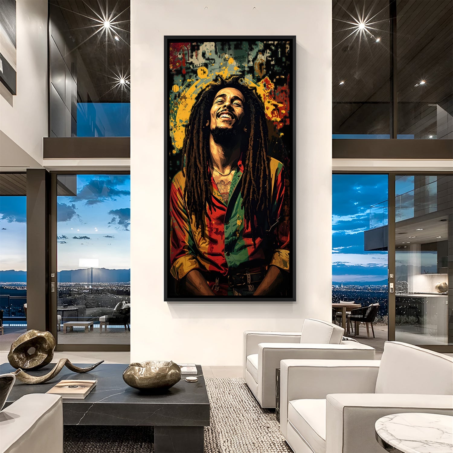 Modern smiling man portrait wall art in elegant black floater frame with contemporary artistic style