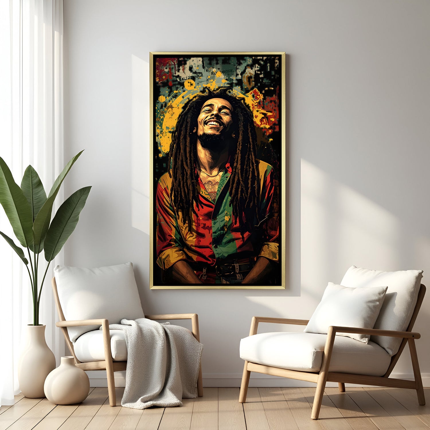 Smiling man modern canvas artwork in wooden frame perfect for stylish and welcoming interiors