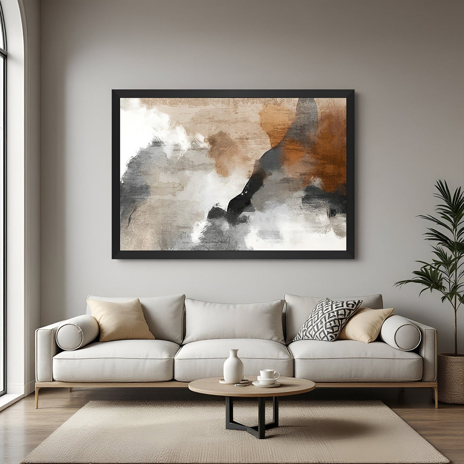 Smoke-style abstract painting in black floater frame – elegant canvas wall decor for modern interiors