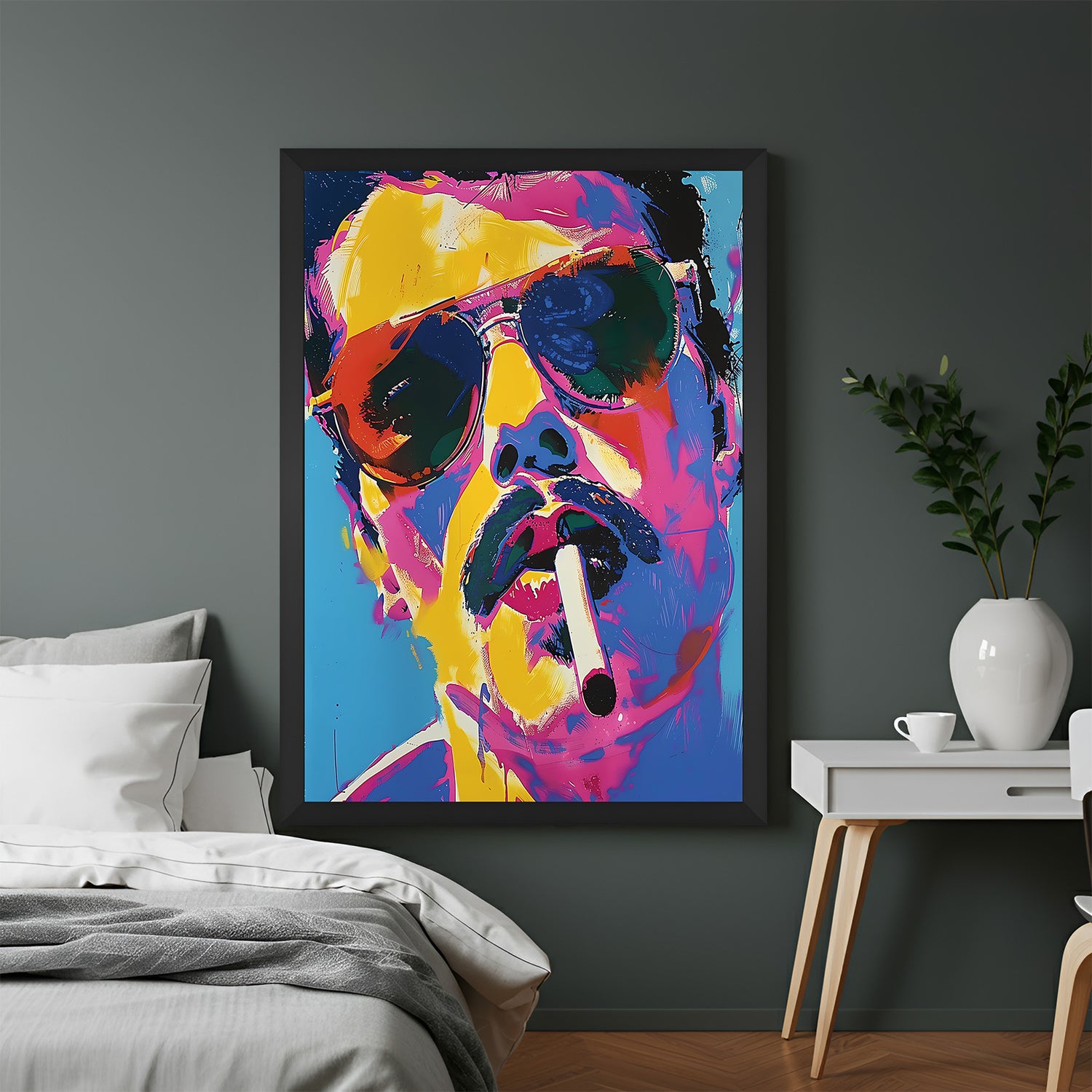 Black-framed modern canvas of a smoking man in sunglasses, ideal for masculine spaces, urban interiors, and statement modern wall art