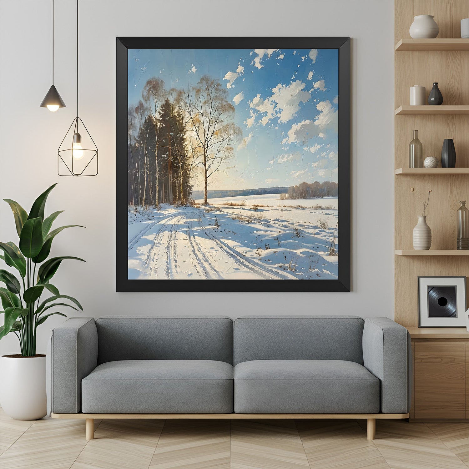 Winter tree landscape with snow and bright sky, framed in black floater to suit minimal, seasonal, and Scandinavian wall decor