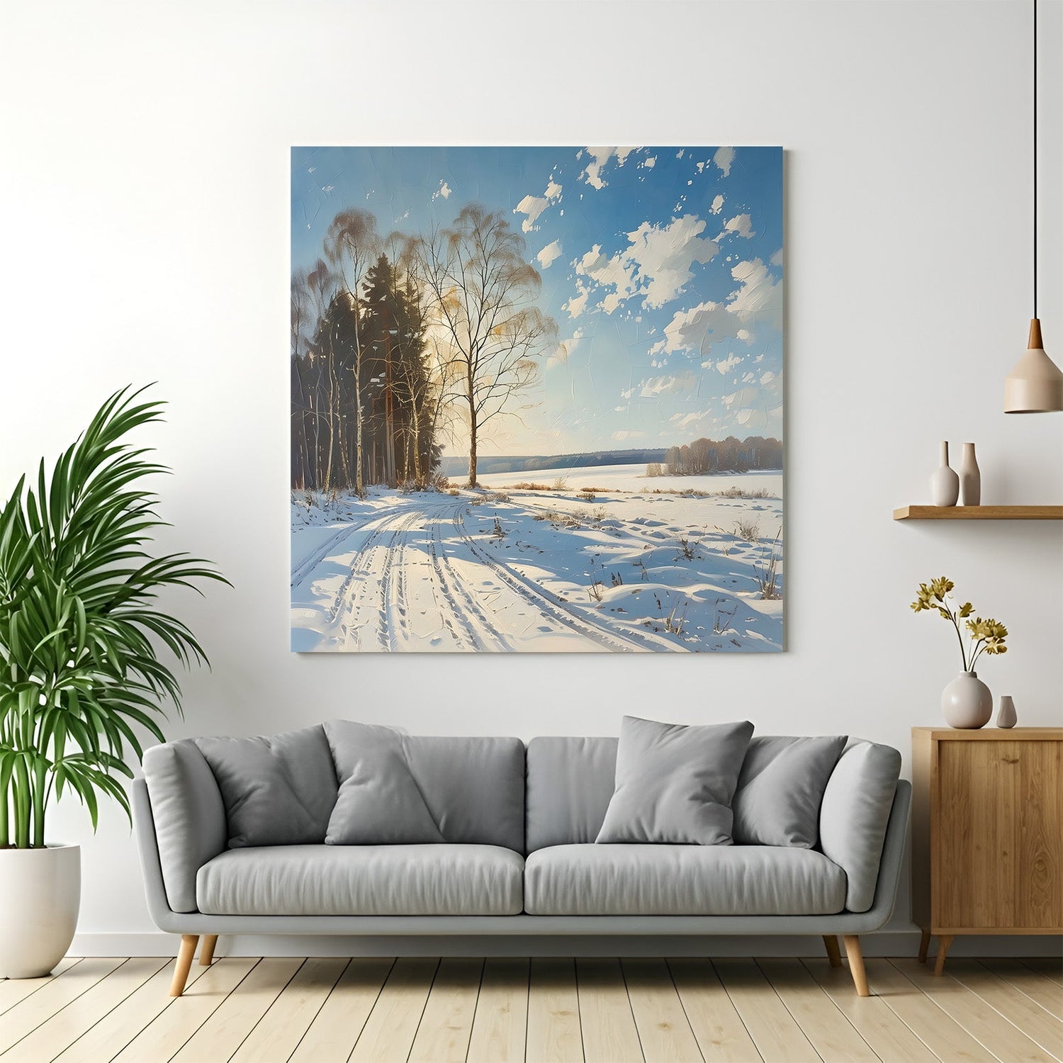 Canvas wall art of snow-covered winter trees under a clear, bright sky, capturing the calm and cold beauty of nature’s quiet season