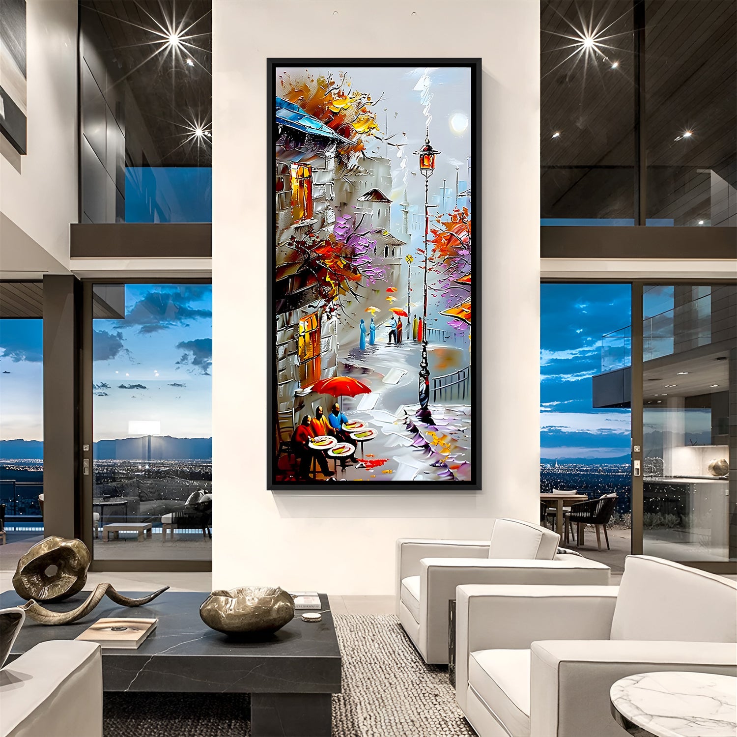 Modern snowy scenery wall art in elegant black floater frame with peaceful winter landscape design