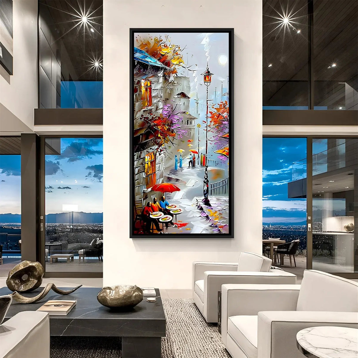 Modern snowy scenery wall art in elegant black floater frame with peaceful winter landscape design