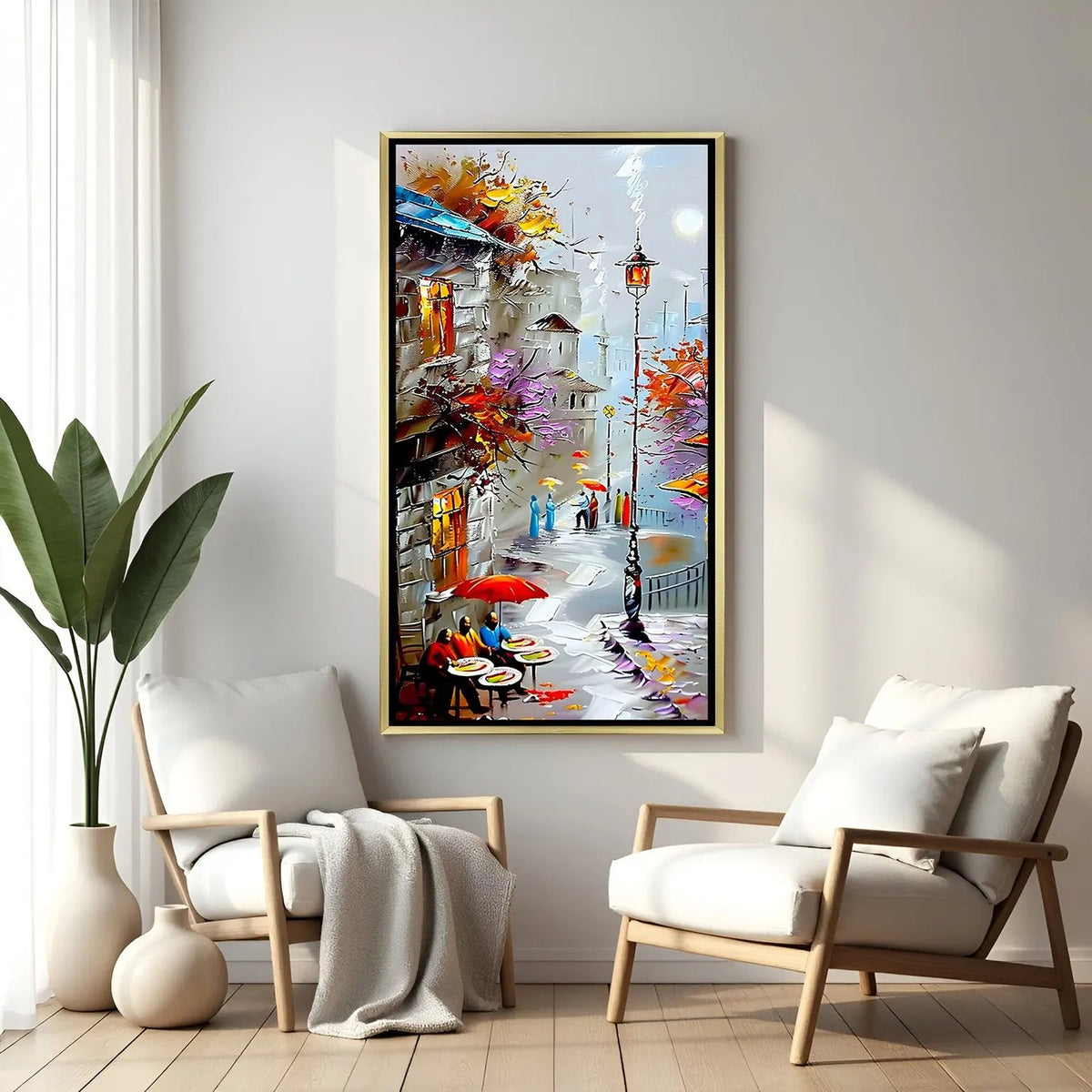 Luxury snowy modern canvas artwork in golden floater frame featuring serene winter scenery and artistic textures