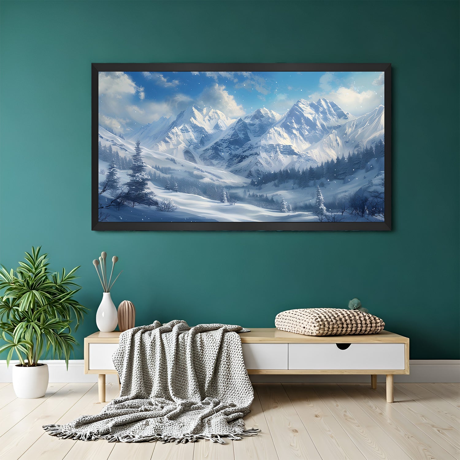 Snow-covered mountain painting with frosty textures and a cloudy backdrop, presented in a sleek black floater frame for cozy modern interiors
