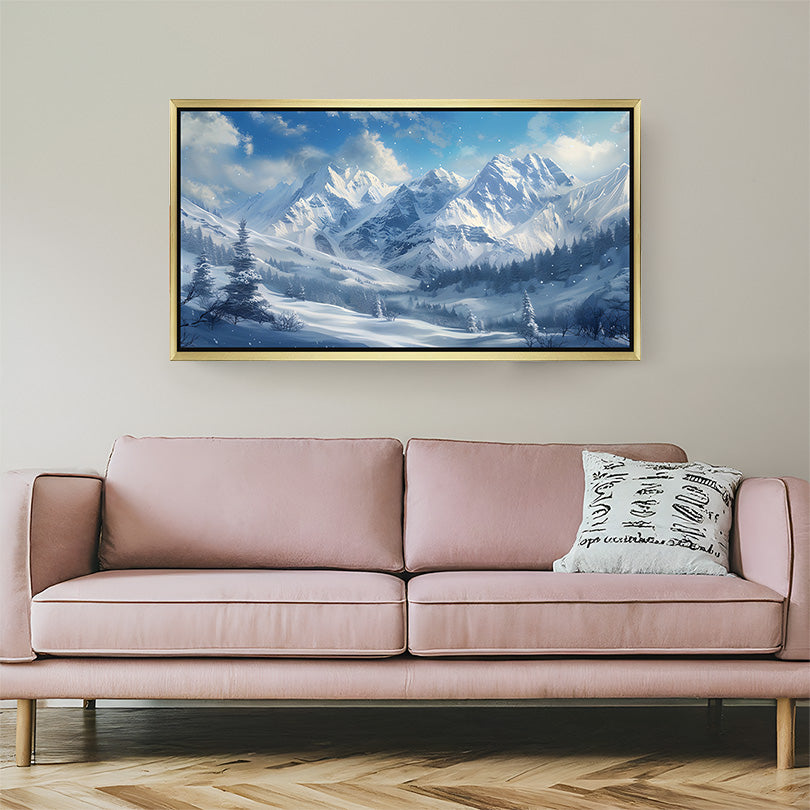 Winter mountain canvas wall art with snow-filled scenery and painted cold tones, framed in a golden floater for elegant seasonal wall decor