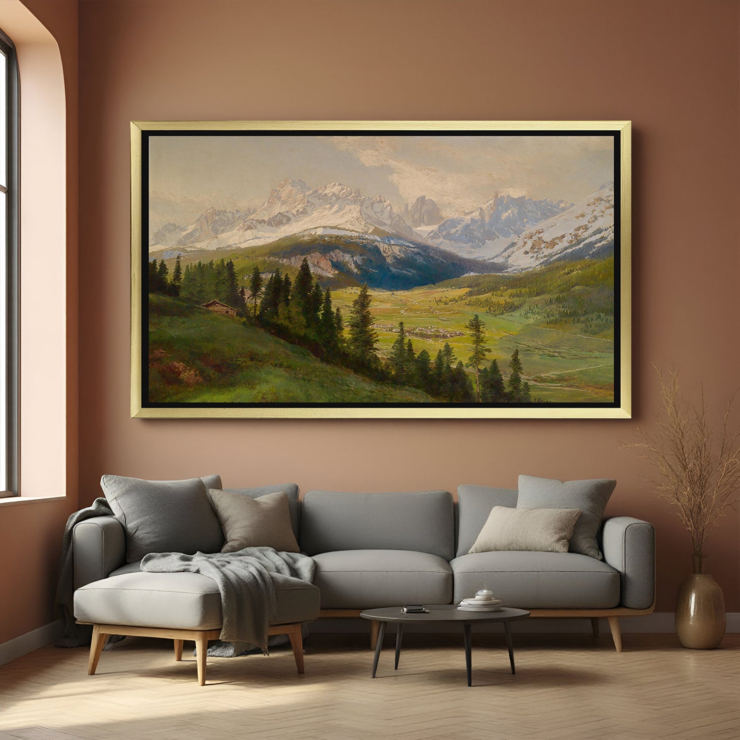Golden-framed mountain and hills landscape—historical canvas art with peaceful countryside charm