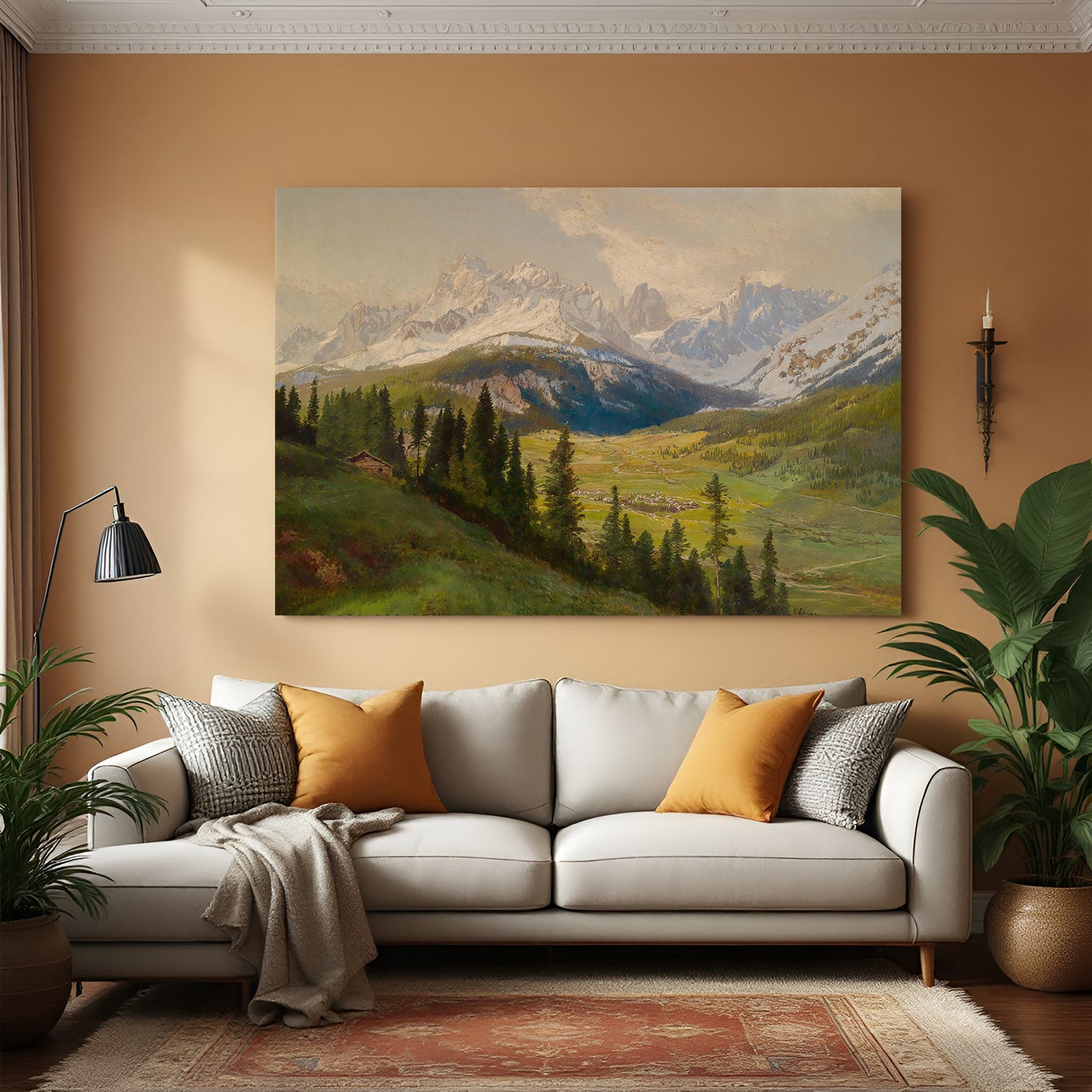 Vintage canvas wall art of snowy mountains and rolling hills—ancient landscape painting with natural depth