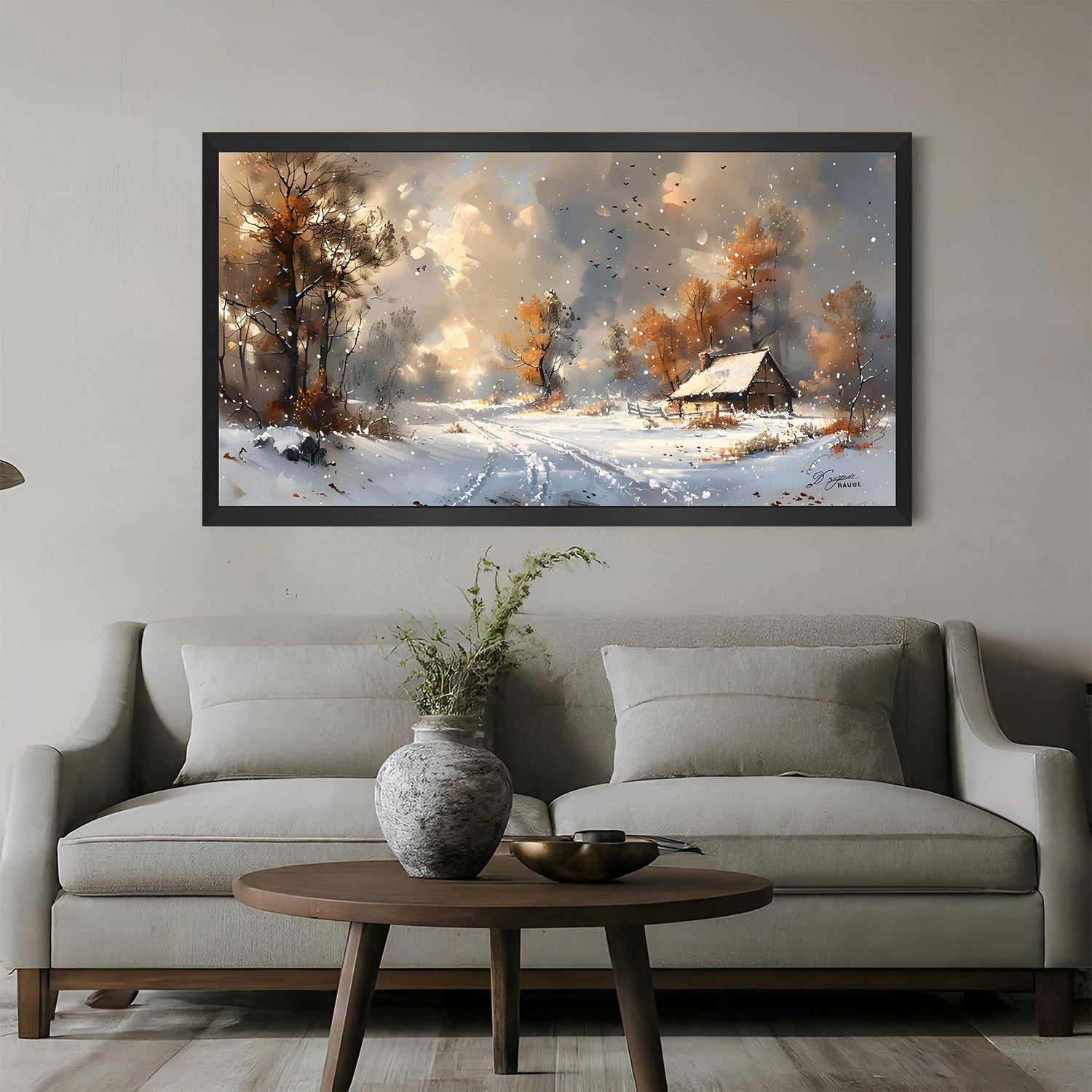 Black-framed canvas printed wall art of winter snow landscape with sledge lines and house—vintage seasonal wall art