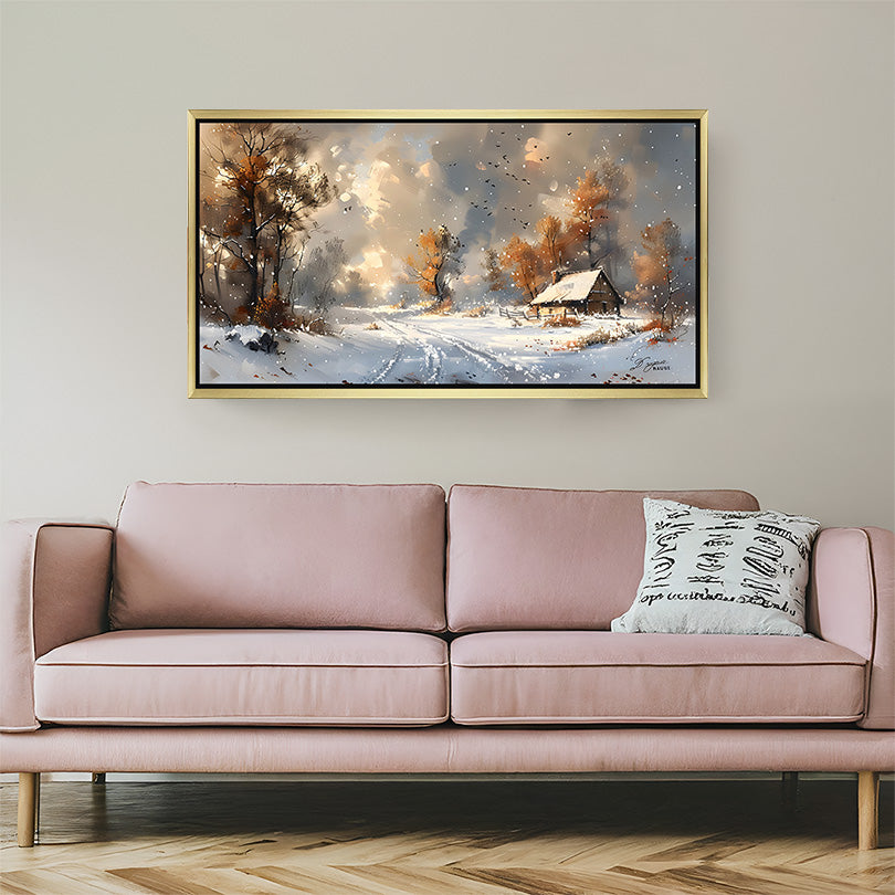 Golden-framed ancient-style canvas of house and sledge trail in snowy winter—vintage art for warm and rustic interiors