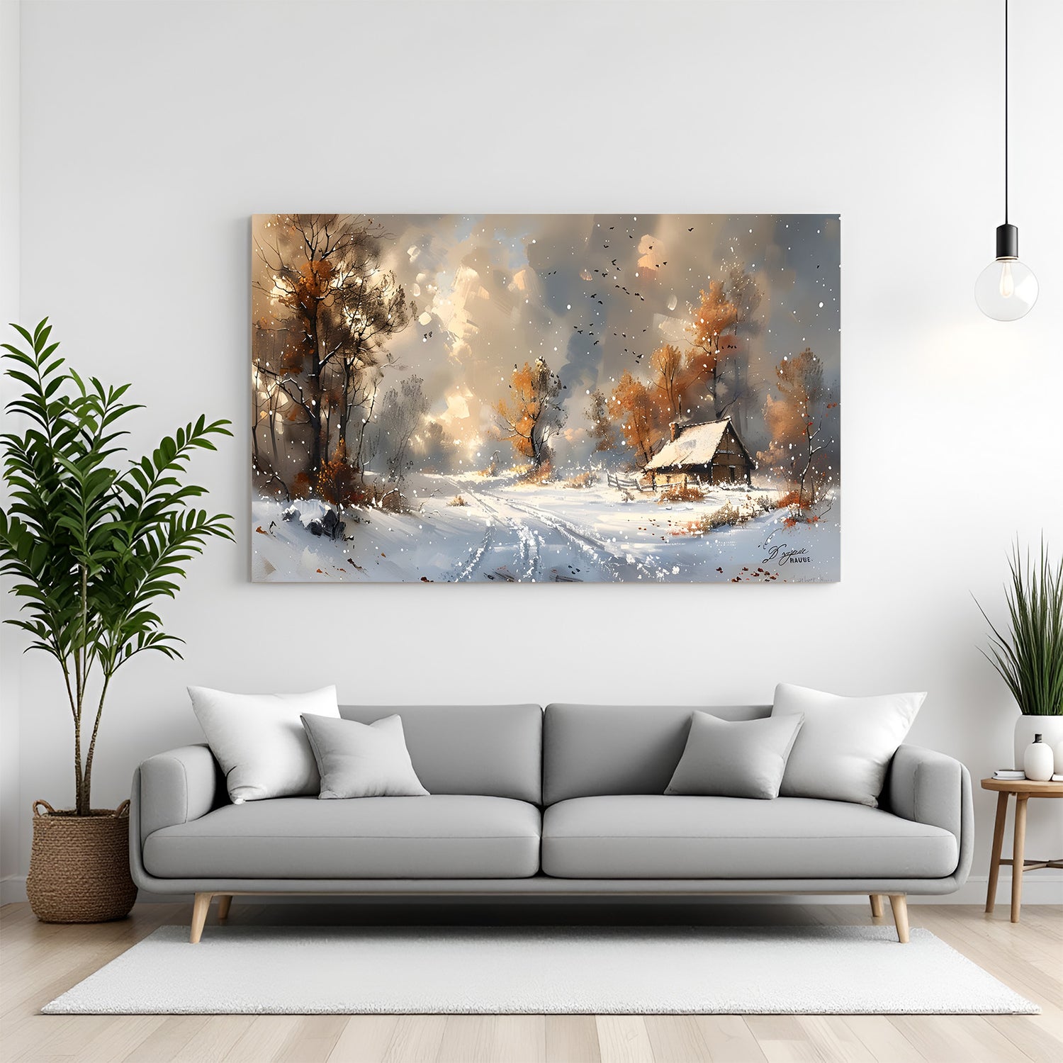 Vintage canvas art of snowy winter scene with sledge trails, house, trees, and snowfall—ancient-style peaceful wall decor