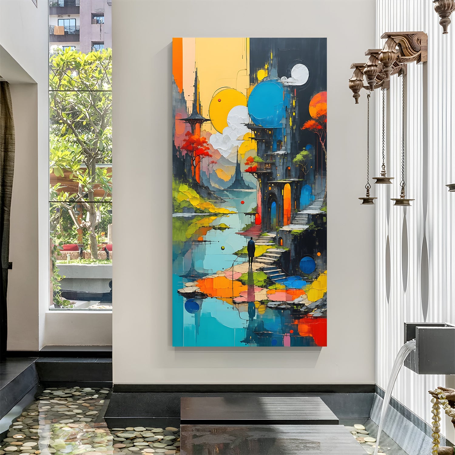 Solitary horizon abstract modern canvas wall painting with small standing figure and colorful sketched scenery in canvas wrapped frame