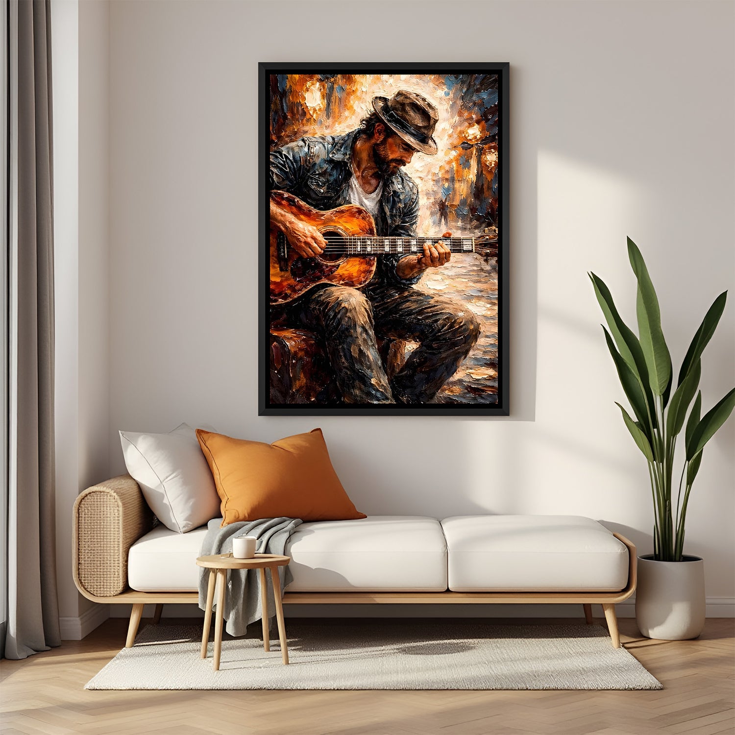 Man playing guitar modern canvas wall painting in elegant black floater frame for interiors