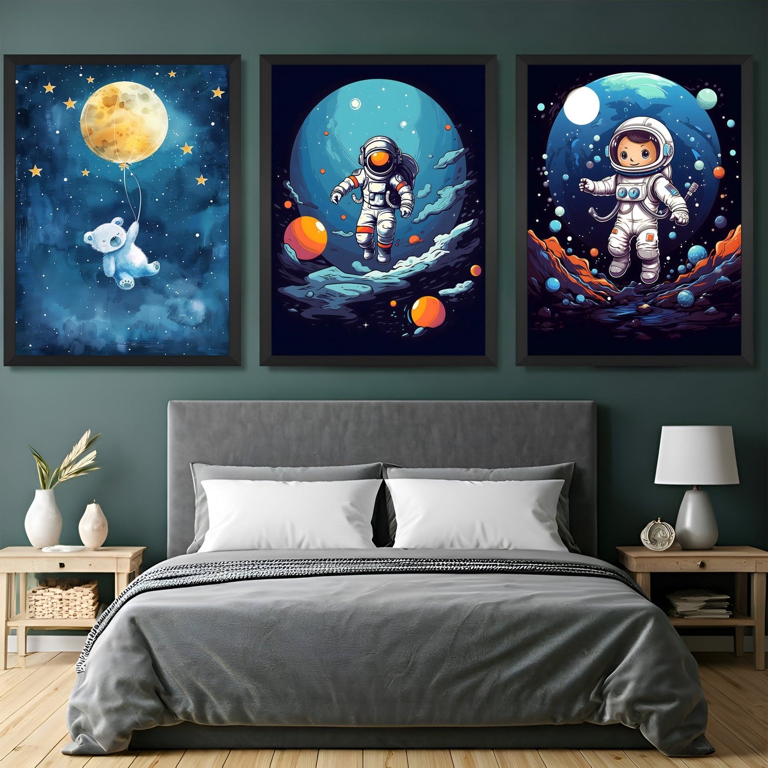 Set of 3 canvas prints for kids featuring a teddy bear flying in space, a cute astronaut, and an adorable space explorer – perfect for space-themed rooms