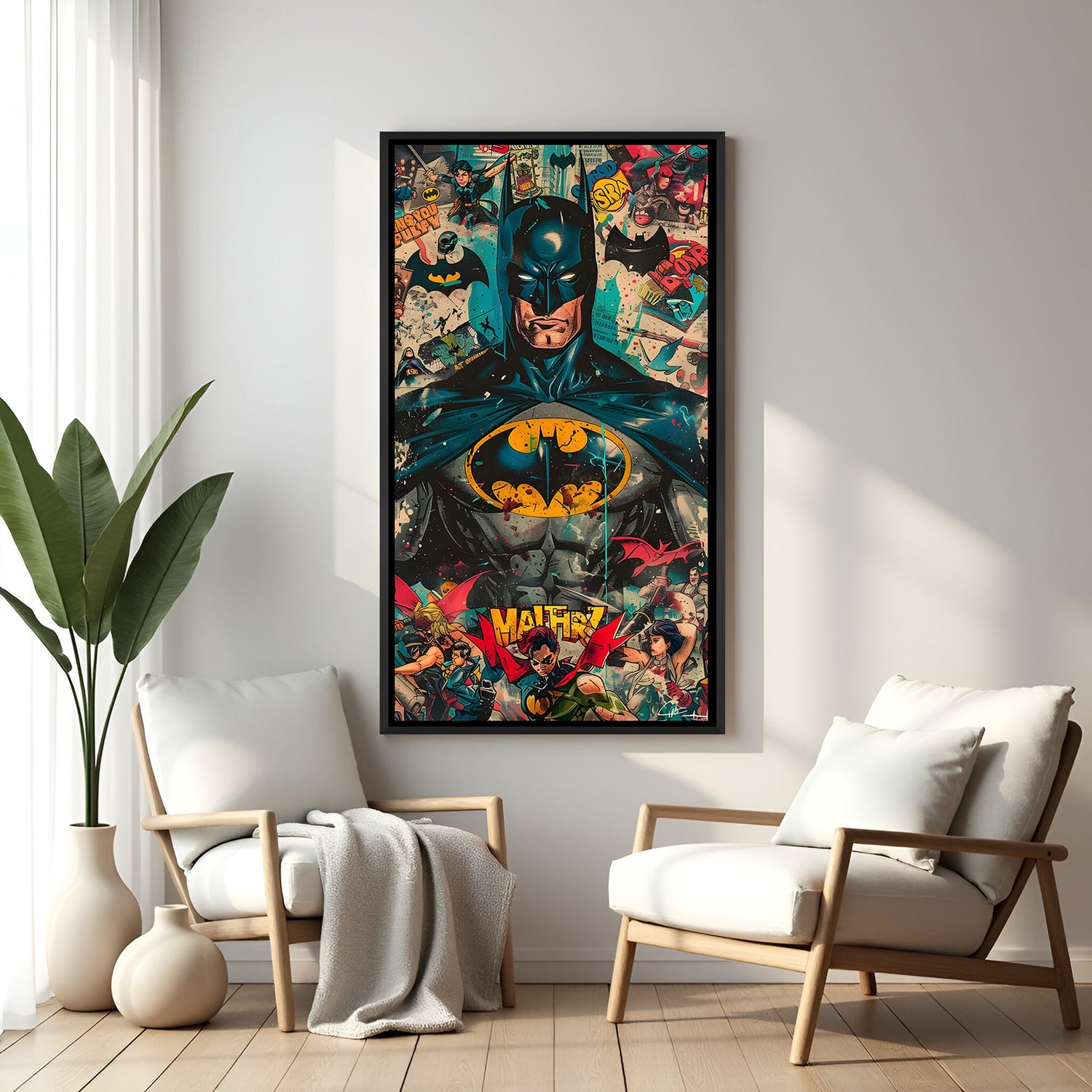 Batman colorful portrait artwork in elegant black floater frame with modern abstract pop art style