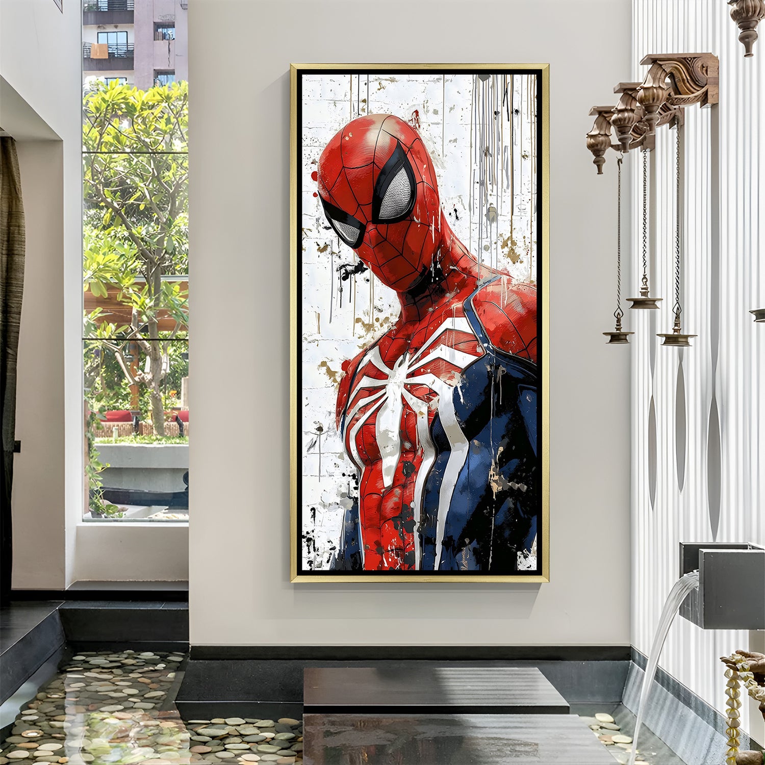 Spider close-up modern artwork in luxury golden floater frame with white background