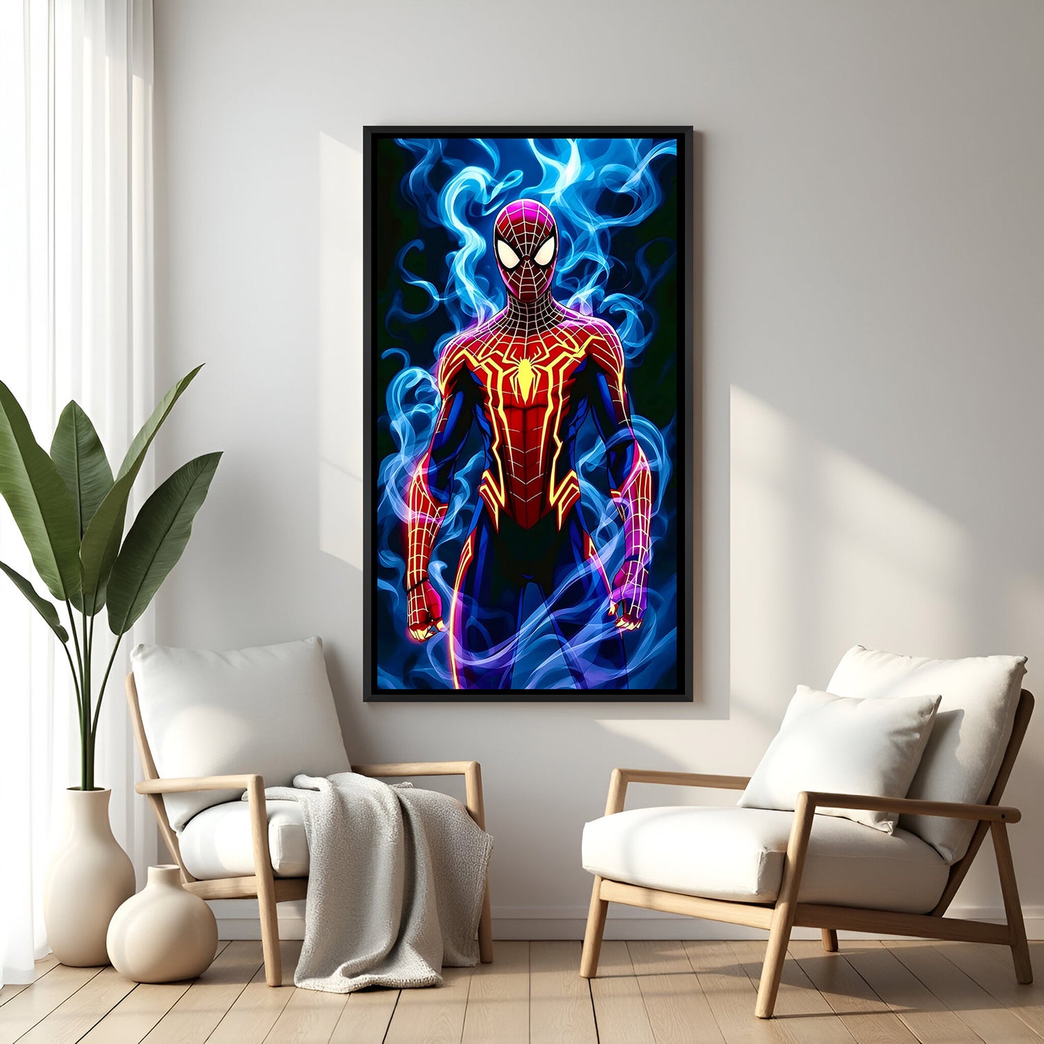 Spider-Man canvas painting in black floater frame – sleek superhero wall decor