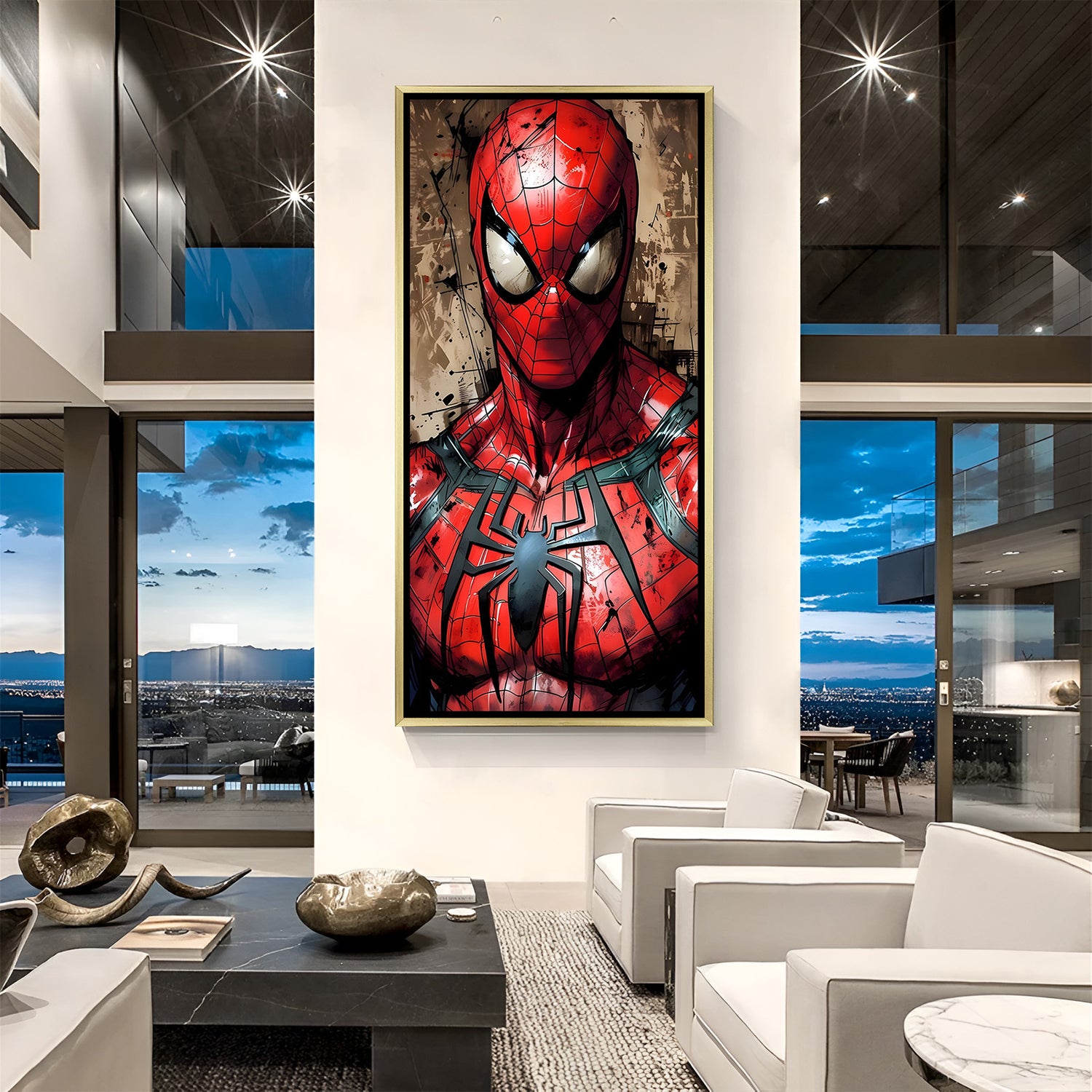 Spider-Man Eyes of the Hero artwork in luxury golden floater frame featuring iconic close-up mask design