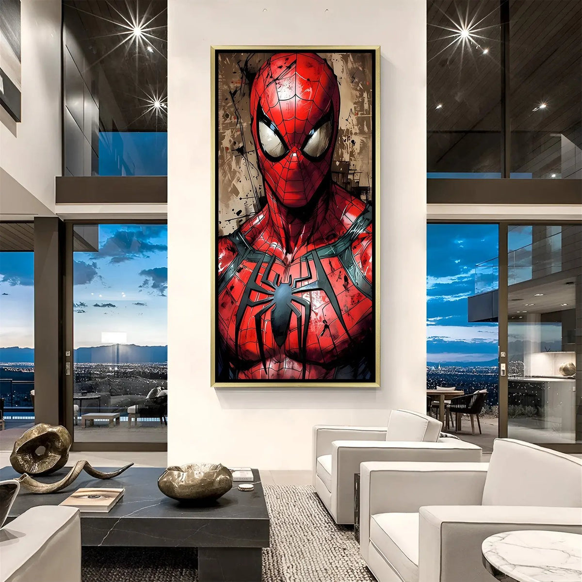 Spider-Man Eyes of the Hero artwork in luxury golden floater frame featuring iconic close-up mask design