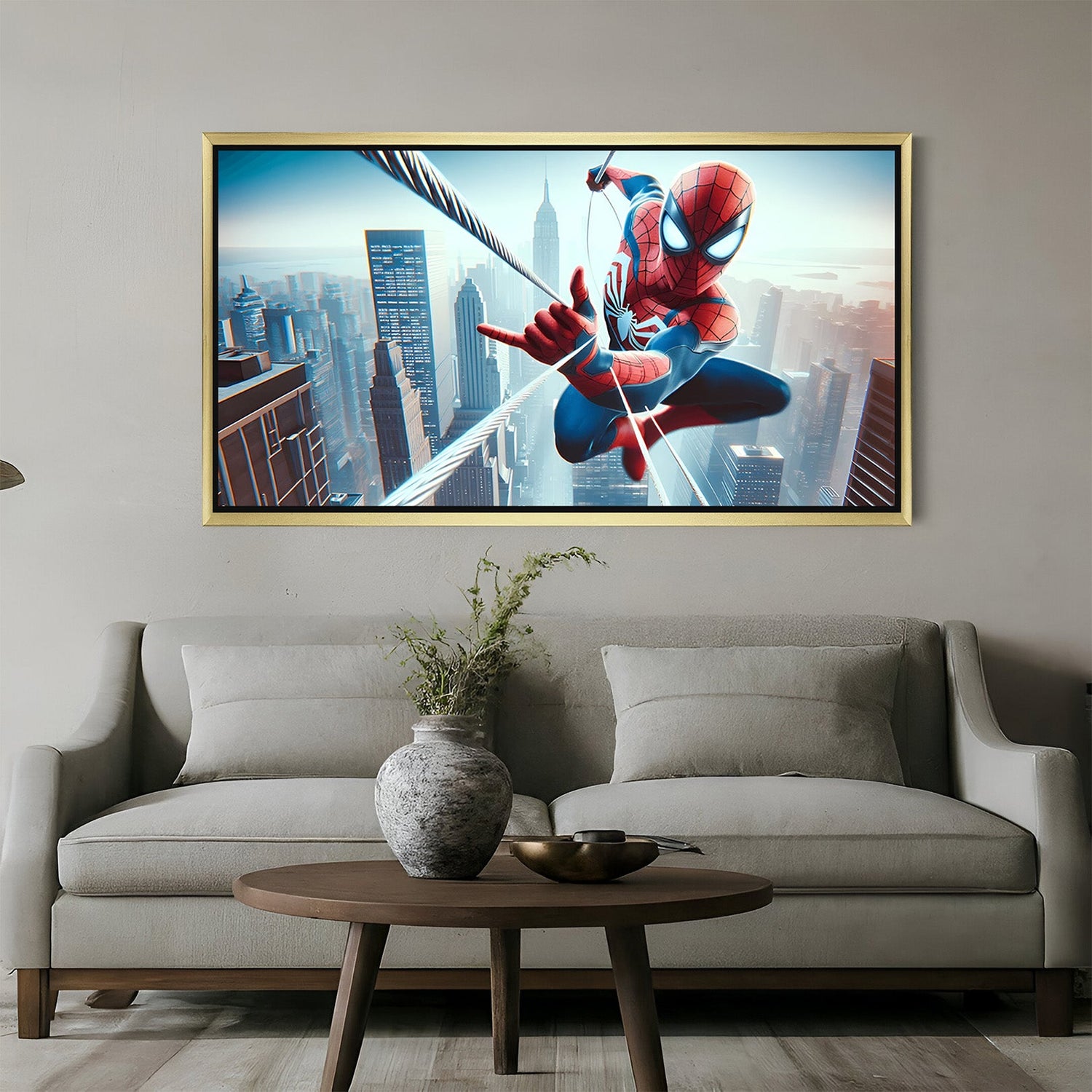 Golden framed canvas of Spider-Man in action with modern artistic strokes, ideal for stylish superhero-inspired home and office decor