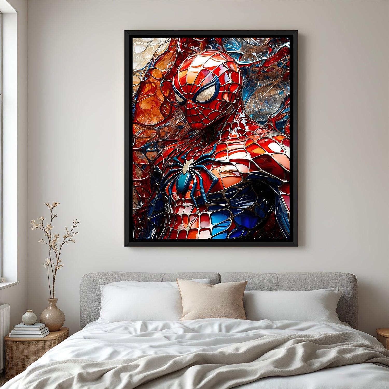 Spider-Man Unmasked Intensity wall painting in black floater frame with detailed close-up superhero face artwork