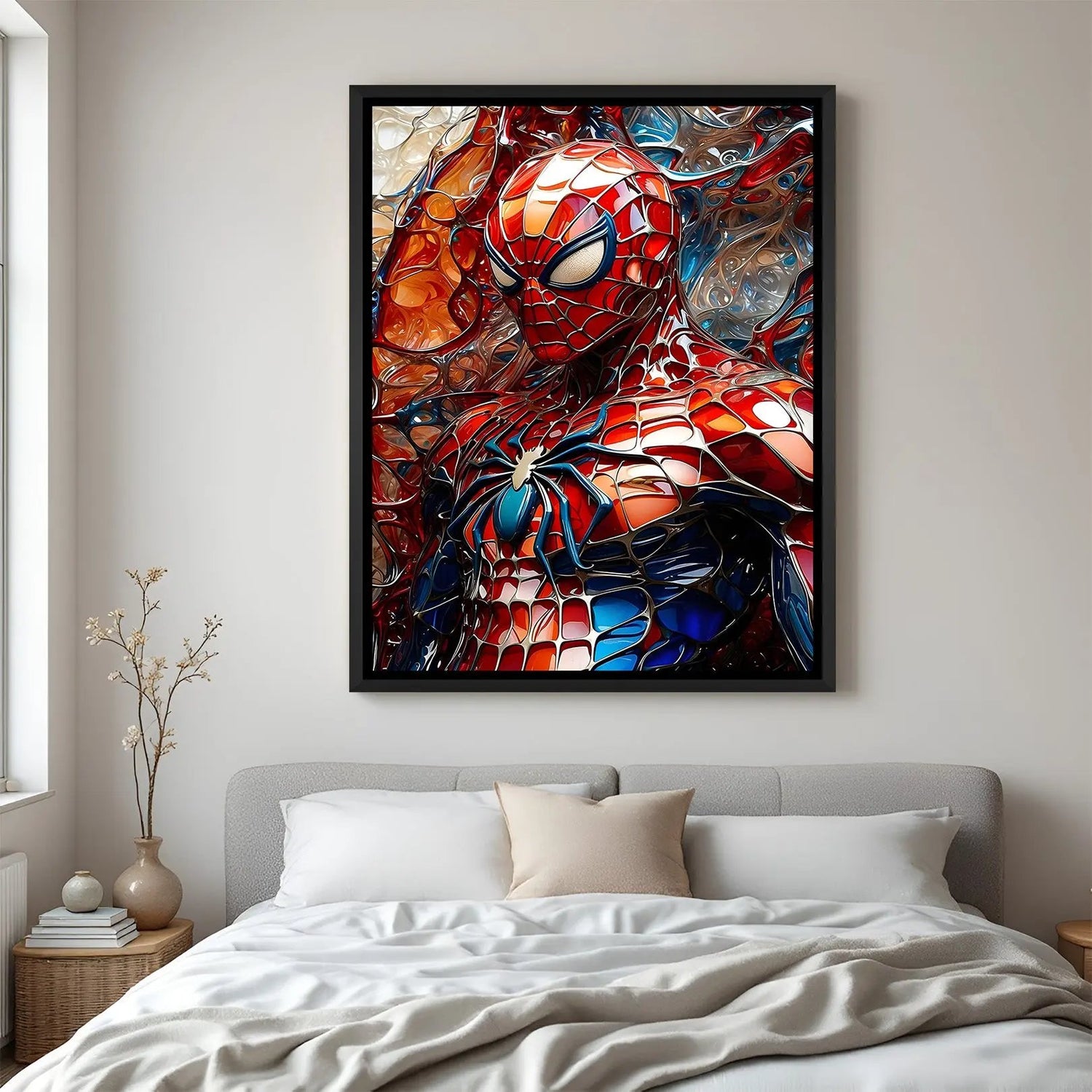 Spider-Man Unmasked Intensity wall painting in black floater frame with detailed close-up superhero face artwork