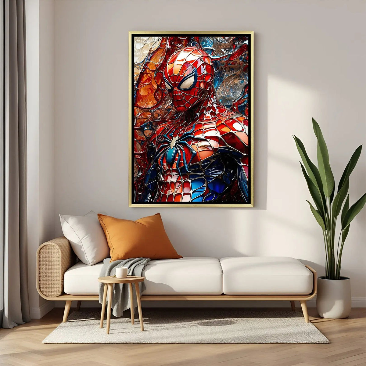 Spider-Man Unmasked Intensity artwork in luxury golden floater frame featuring iconic close-up mask design