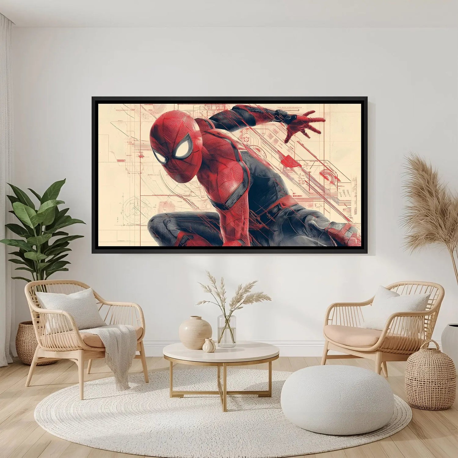 Spider-Man Web of Destiny wall painting in black floater frame with cinematic superhero action artwork