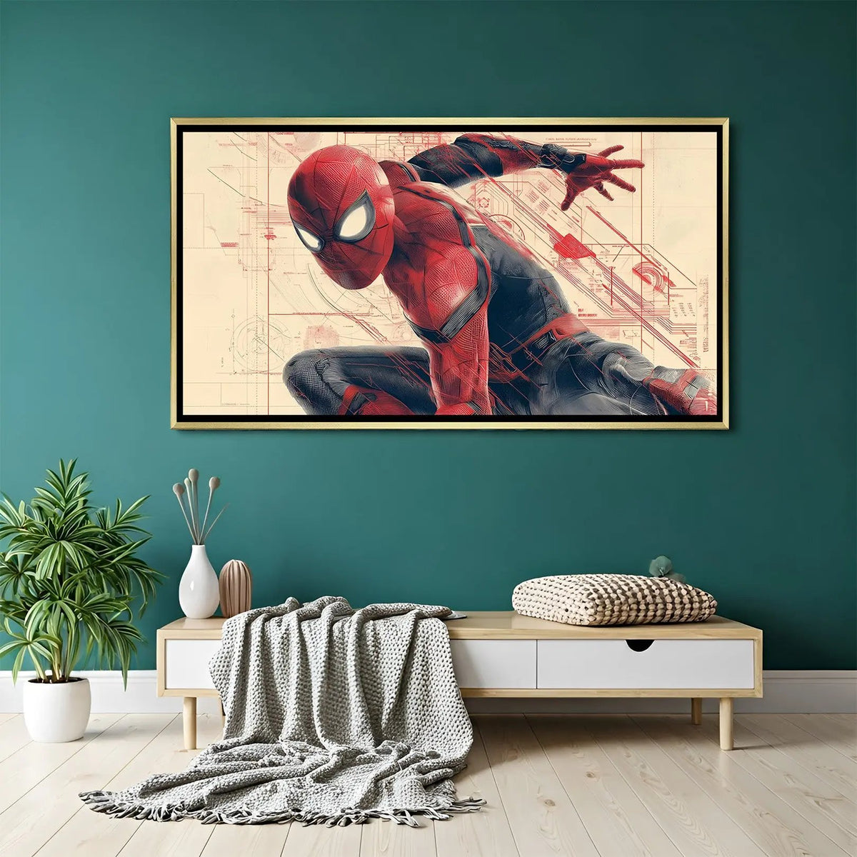 Spider-Man Web of Destiny artwork in luxury golden floater frame featuring iconic web-slinging hero design