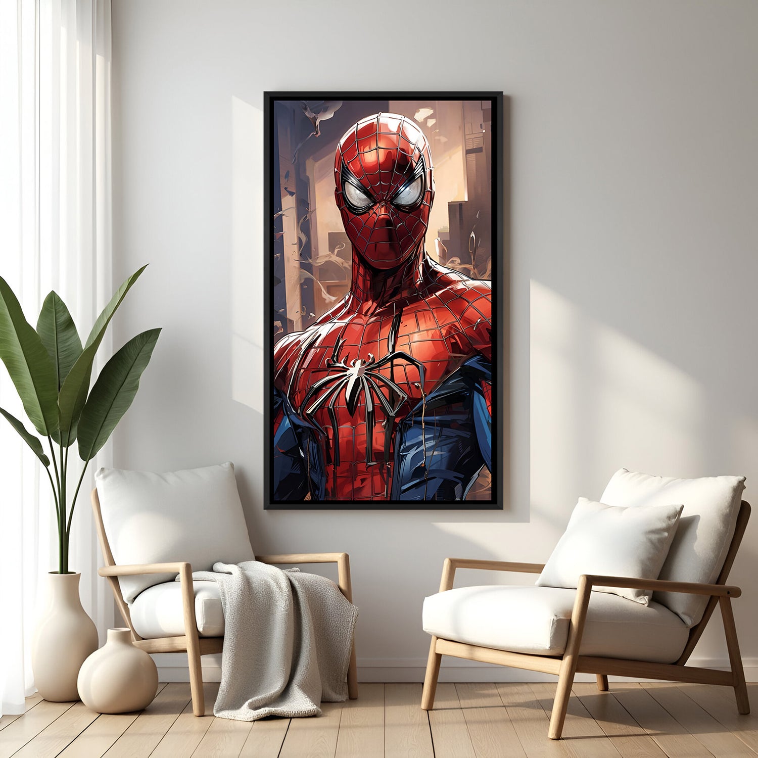 Framed Spiderman canvas artwork in black floater – dynamic decor for modern interiors.