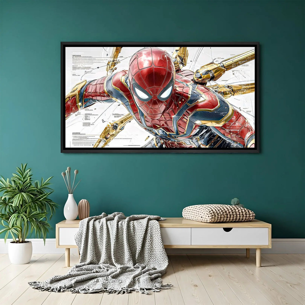 Spider-Man cinematic close-up artwork in elegant black floater frame for modern interiors