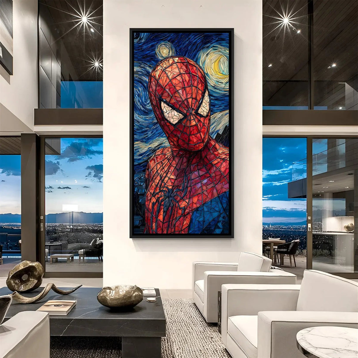 Spider-Man cinematic starry night artwork in elegant black floater frame for modern interiors
