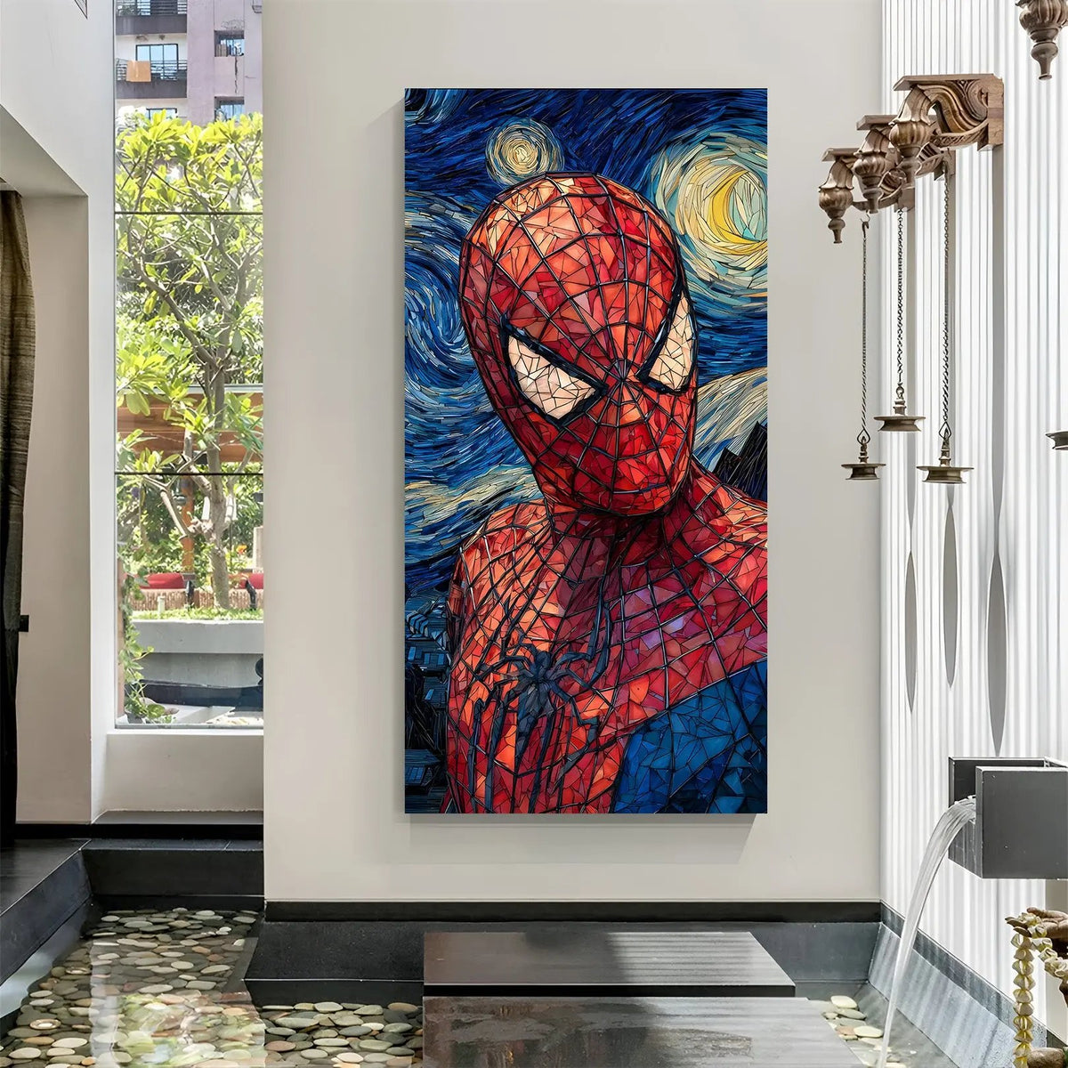 Spider-Man close-up with starry night background Marvel canvas wall art in premium frame