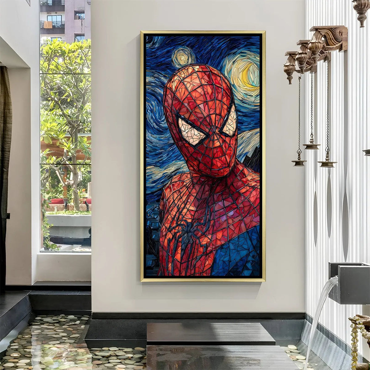Spider-Man Marvel superhero close-up artwork in luxury golden floater frame with cosmic background