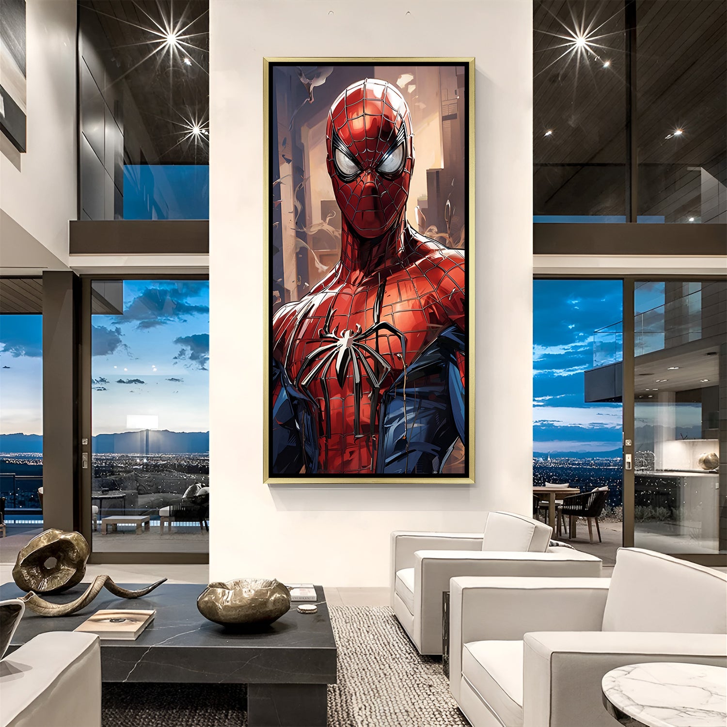 Spiderman canvas art in golden frame – vibrant superhero painting for themed rooms.