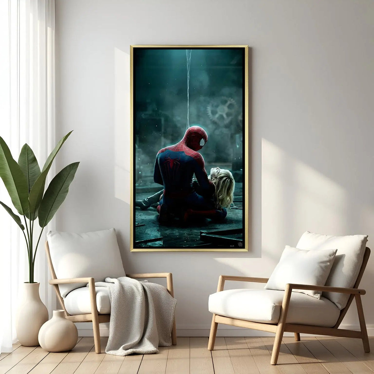 Spider-Man emotional cinematic Marvel artwork with Gwen Stacy in luxury golden floater frame