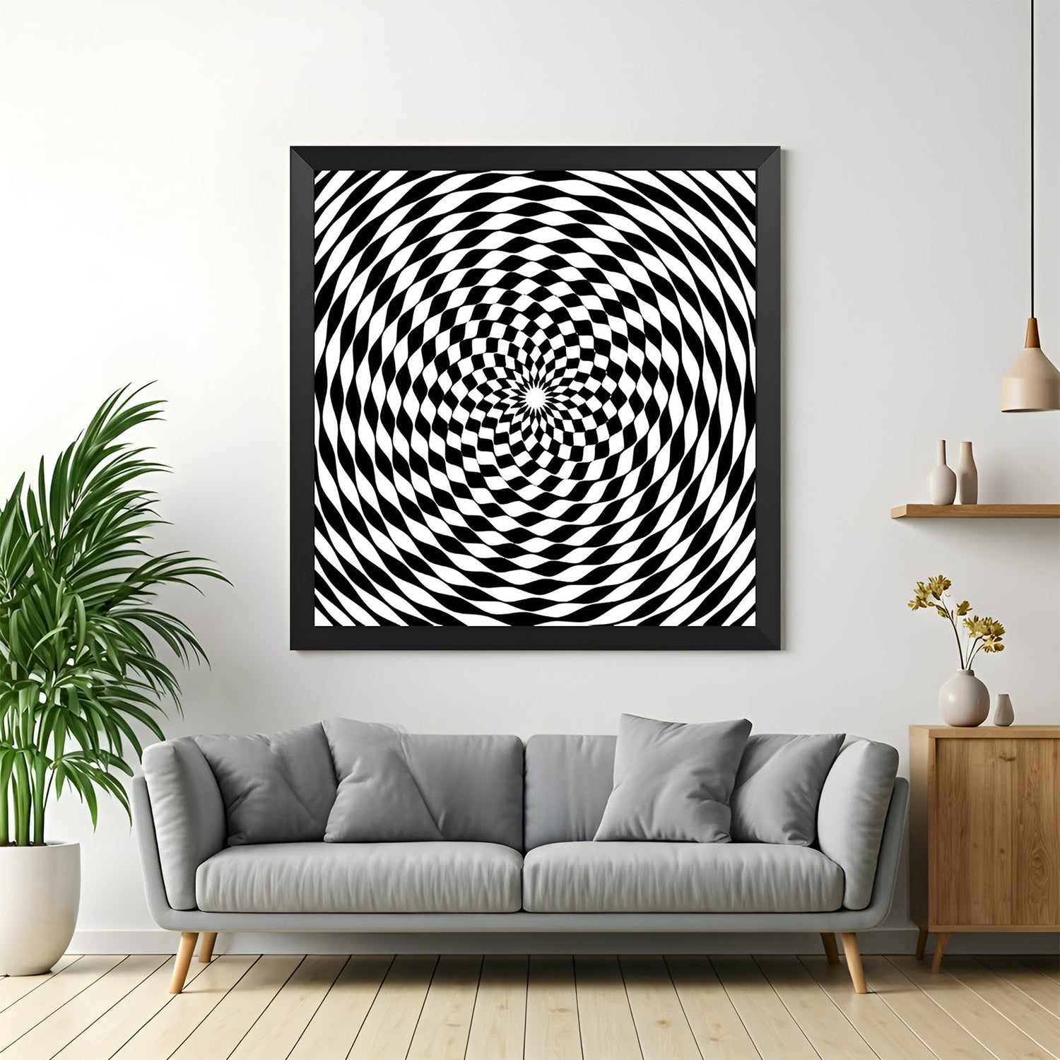 Black frame version of optical spiral wall art with alternating black and white squares, ideal for modern spaces and geometric decor lovers