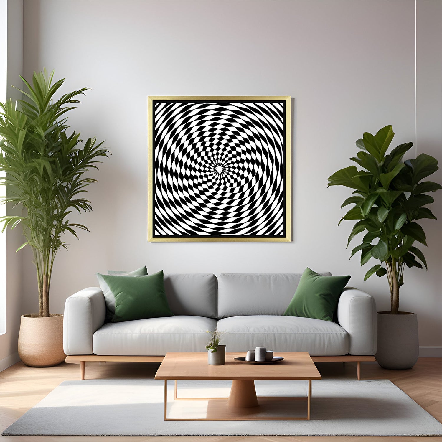 Golden frame digital canvas featuring circular checkered spiral in black and white—minimalist, hypnotic wall art perfect for stylish interiors