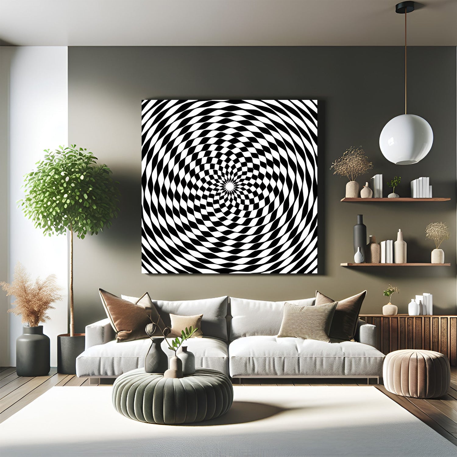Digital canvas wall art showing a hypnotic spiral pattern of black and white checkered design, creating optical illusion in modern abstract style