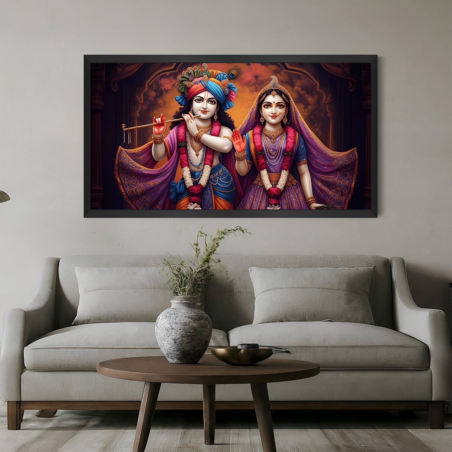 Radha Krishna spiritual canvas painting in a black floater frame, ideal for Vastu decor in home or couple’s bedroom to attract peace and devotion