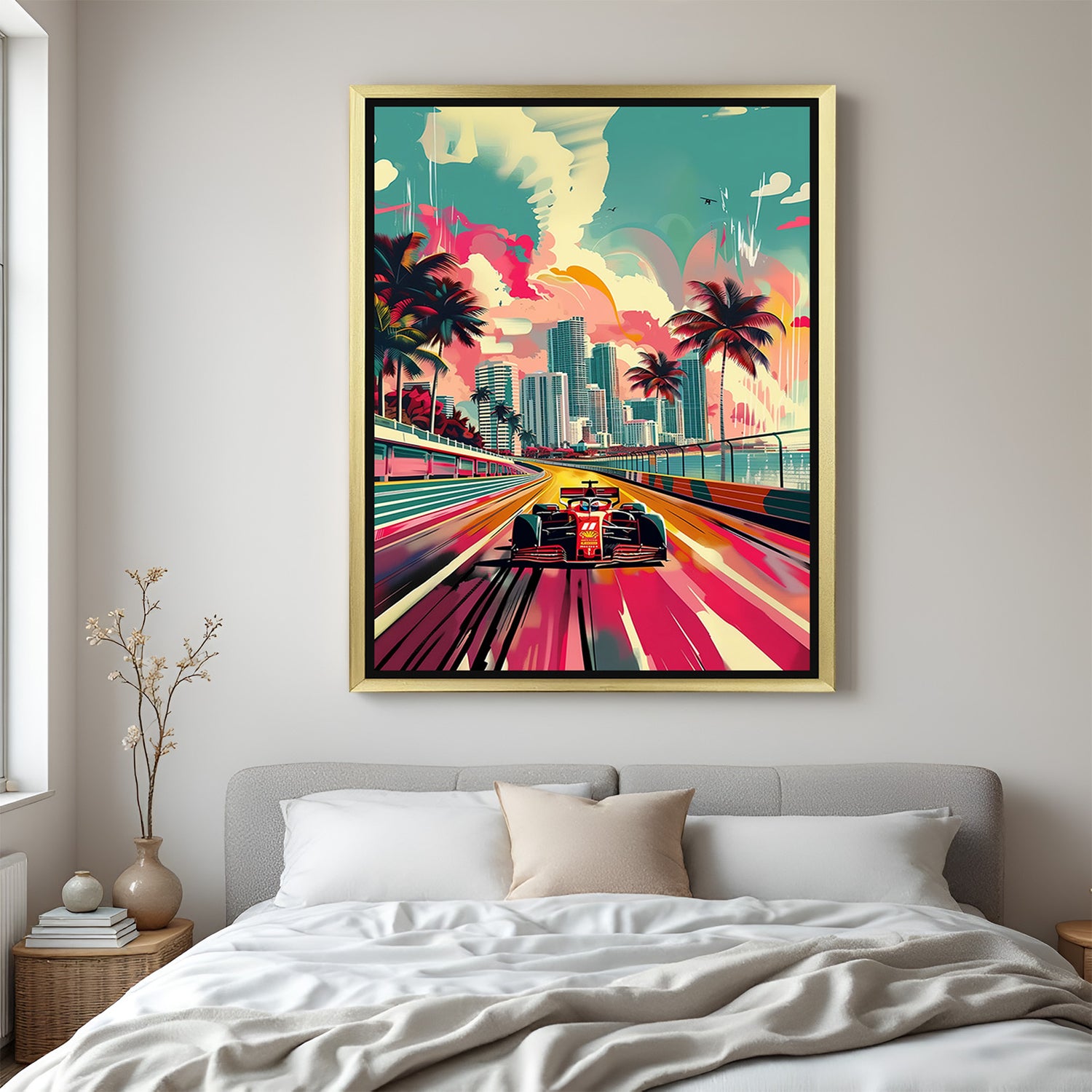 Golden frame wall art with sports car illustration in Hawaiian beach scene—vibrant cartoon design for relaxed, fun spaces