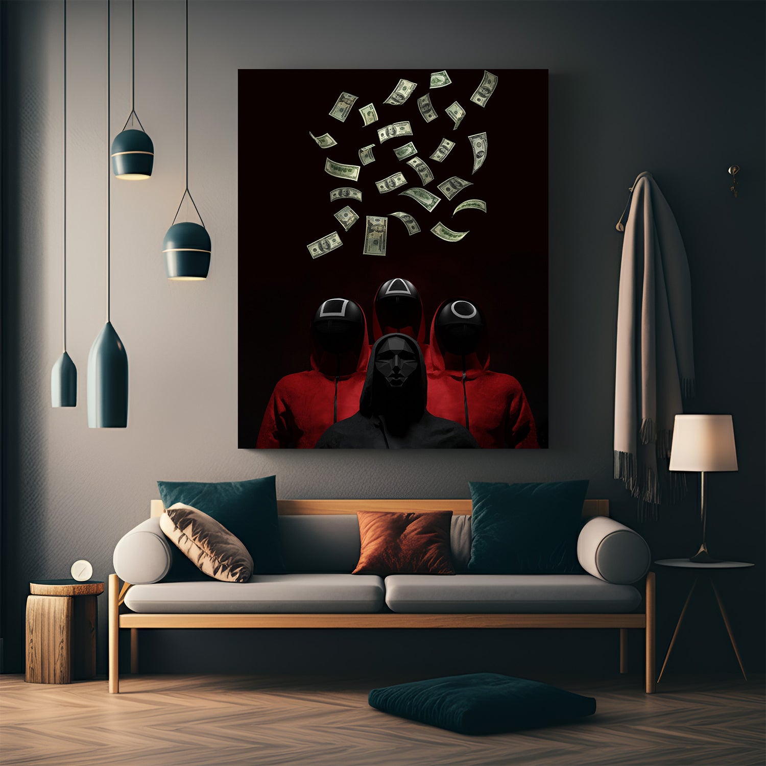 Squid Game inspired wall art featuring masked guards, flying money, and iconic game symbols, designed as a bold modern canvas print for pop culture lovers