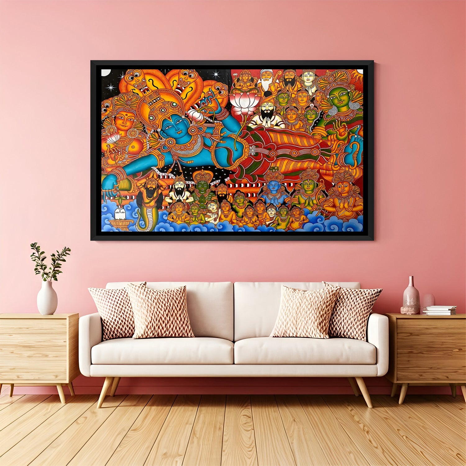 Lord Vishnu Kerala mural artwork in elegant black floater frame with intricate traditional Indian artistry