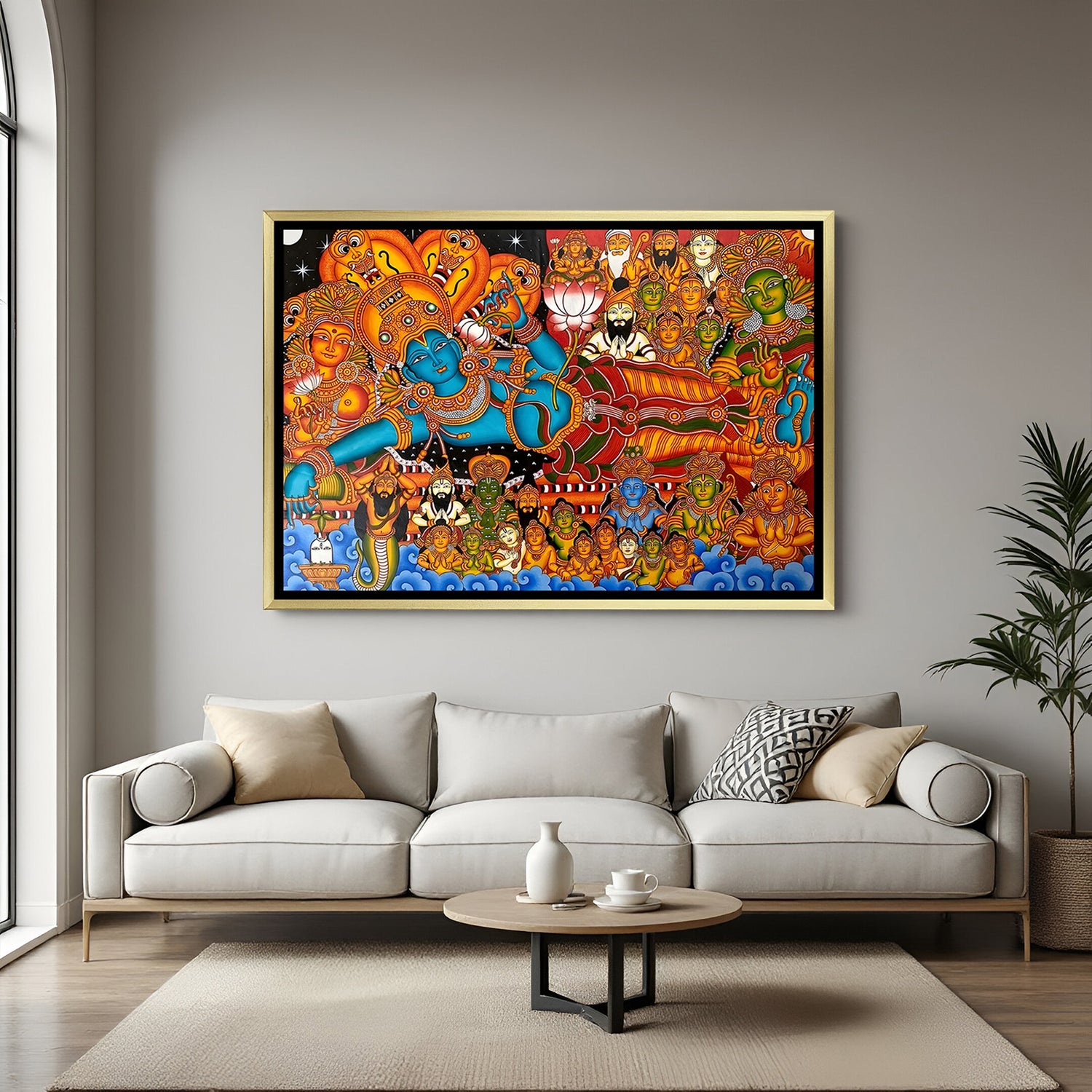 Sri Hari Kerala mural painting artwork in luxury golden floater frame showcasing vibrant cultural heritage